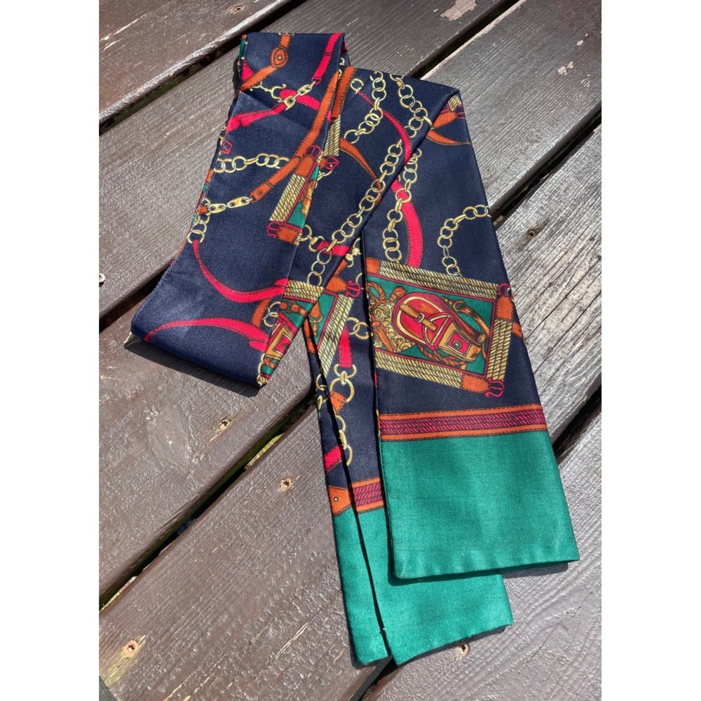 Vintage Equestrian Chain Belt Print Scarf Navy Green Red Gold 60 Inch